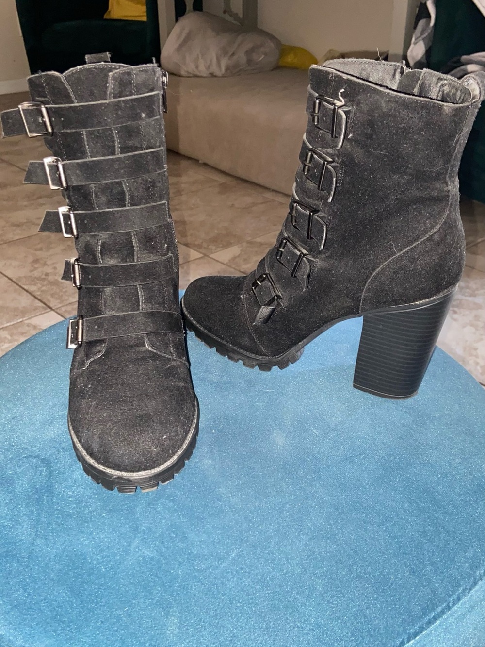 Shoe Dazzle Black Suede Buckle Lug-Heel Ankle Boots